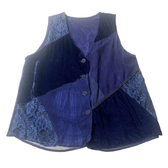 Blue Velvet and Lace Patchwork Button Up Lined Lightweight Vest Women’s Large - Picture 1 of 8